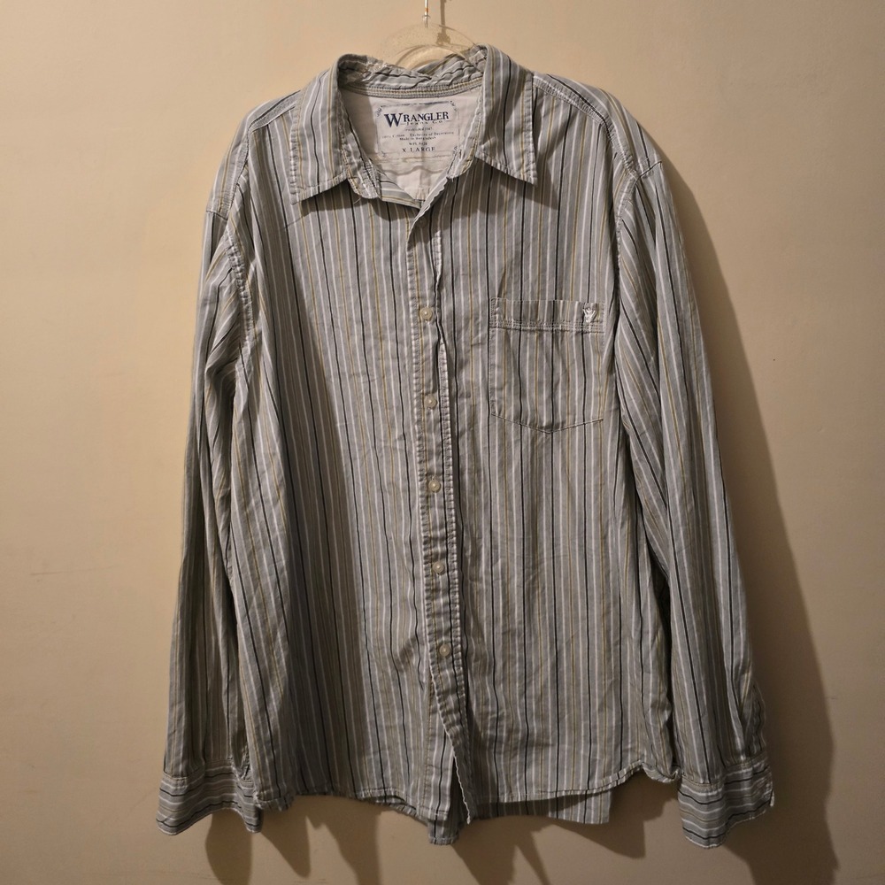 Wrangler Button Up Shirt Mens XL Grey White Tan Striped Long Sleeve Cotton